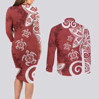 Polynesia Couples Matching Long Sleeve Bodycon Dress and Long Sleeve Button Shirt Red Tribal Turtle Floral Pattern LT05 - Polynesian Pride