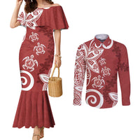 Polynesia Couples Matching Mermaid Dress and Long Sleeve Button Shirt Red Tribal Turtle Floral Pattern LT05 Red - Polynesian Pride