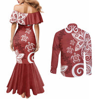 Polynesia Couples Matching Mermaid Dress and Long Sleeve Button Shirt Red Tribal Turtle Floral Pattern LT05 - Polynesian Pride