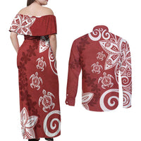 Polynesia Couples Matching Off Shoulder Maxi Dress and Long Sleeve Button Shirt Red Tribal Turtle Floral Pattern LT05 - Polynesian Pride