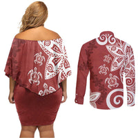 Polynesia Couples Matching Off Shoulder Short Dress and Long Sleeve Button Shirt Red Tribal Turtle Floral Pattern LT05 - Polynesian Pride