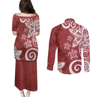 Polynesia Couples Matching Puletasi and Long Sleeve Button Shirt Red Tribal Turtle Floral Pattern LT05 - Polynesian Pride