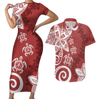 Polynesia Couples Matching Short Sleeve Bodycon Dress and Hawaiian Shirt Red Tribal Turtle Floral Pattern LT05 Red - Polynesian Pride