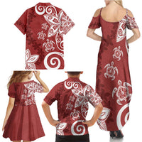 Polynesia Family Matching Summer Maxi Dress and Hawaiian Shirt Red Tribal Turtle Floral Pattern
