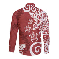 Polynesia Long Sleeve Button Shirt Red Tribal Turtle Floral Pattern LT05 - Polynesian Pride
