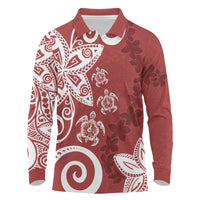 Polynesia Long Sleeve Polo Shirt Red Tribal Turtle Floral Pattern