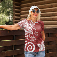 Polynesia Women Polo Shirt Red Tribal Turtle Floral Pattern
