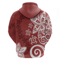 Polynesia Zip Hoodie Red Tribal Turtle Floral Pattern