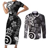Polynesia Couples Matching Short Sleeve Bodycon Dress and Long Sleeve Button Shirt Black Tribal Turtle Floral Pattern LT05 Black - Polynesian Pride