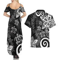 Polynesia Couples Matching Summer Maxi Dress and Hawaiian Shirt Black Tribal Turtle Floral Pattern LT05 - Polynesian Pride