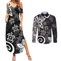 Polynesia Couples Matching Summer Maxi Dress and Long Sleeve Button Shirt Black Tribal Turtle Floral Pattern LT05 Black - Polynesian Pride