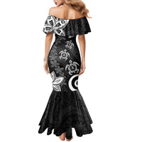 Polynesia Family Matching Mermaid Dress and Hawaiian Shirt Black Tribal Turtle Floral Pattern