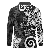 Polynesia Long Sleeve Polo Shirt Black Tribal Turtle Floral Pattern