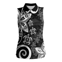 Polynesia Women Sleeveless Polo Shirt Black Tribal Turtle Floral Pattern