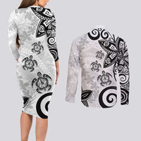 Polynesia Couples Matching Long Sleeve Bodycon Dress and Long Sleeve Button Shirt White Tribal Turtle Floral Pattern LT05 - Polynesian Pride