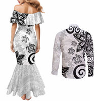 Polynesia Couples Matching Mermaid Dress and Long Sleeve Button Shirt White Tribal Turtle Floral Pattern LT05 - Polynesian Pride