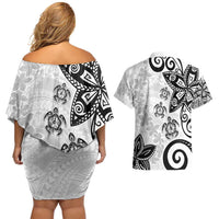 Polynesia Couples Matching Off Shoulder Short Dress and Hawaiian Shirt White Tribal Turtle Floral Pattern LT05 - Polynesian Pride