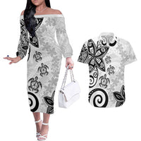 Polynesia Couples Matching Off The Shoulder Long Sleeve Dress and Hawaiian Shirt White Tribal Turtle Floral Pattern LT05 White - Polynesian Pride