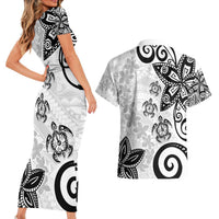 Polynesia Couples Matching Short Sleeve Bodycon Dress and Hawaiian Shirt White Tribal Turtle Floral Pattern LT05 - Polynesian Pride