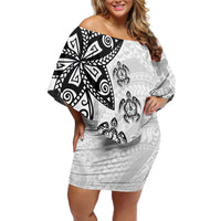 Polynesia Off Shoulder Short Dress White Tribal Turtle Floral Pattern LT05 Women White - Polynesian Pride