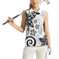 Polynesia Women Sleeveless Polo Shirt White Tribal Turtle Floral Pattern
