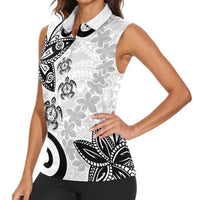 Polynesia Women Sleeveless Polo Shirt White Tribal Turtle Floral Pattern