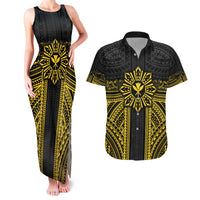 Hawaii And Philippines Together Couples Matching Tank Maxi Dress and Hawaiian Shirt Polynesian Pattern With Filipino Barong Gold