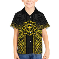 Hawaii And Philippines Together Kid Hawaiian Shirt Polynesian Pattern With Filipino Barong Gold