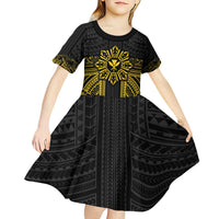 Hawaii And Philippines Together Kid Short Sleeve Dress Polynesian Pattern With Filipino Barong Gold