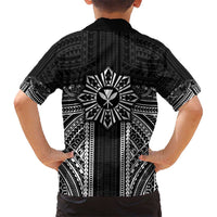 Hawaii And Philippines Together Kid Hawaiian Shirt Polynesian Pattern With Filipino Barong Black