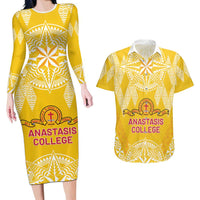 Personalised Anastasis College Couples Matching Long Sleeve Bodycon Dress and Hawaiian Shirt Tonga Ngatu Pattern LT05 Yellow - Polynesian Pride