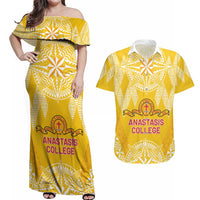 Personalised Anastasis College Couples Matching Off Shoulder Maxi Dress and Hawaiian Shirt Tonga Ngatu Pattern LT05 Yellow - Polynesian Pride
