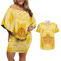 Personalised Anastasis College Couples Matching Off Shoulder Short Dress and Hawaiian Shirt Tonga Ngatu Pattern LT05 Yellow - Polynesian Pride
