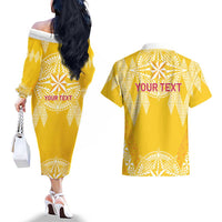 Personalised Anastasis College Couples Matching Off The Shoulder Long Sleeve Dress and Hawaiian Shirt Tonga Ngatu Pattern LT05 - Polynesian Pride