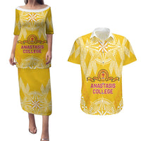Personalised Anastasis College Couples Matching Puletasi and Hawaiian Shirt Tonga Ngatu Pattern LT05 Yellow - Polynesian Pride