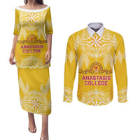 Personalised Anastasis College Couples Matching Puletasi and Long Sleeve Button Shirt Tonga Ngatu Pattern - Polynesian Pride