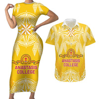 Personalised Anastasis College Couples Matching Short Sleeve Bodycon Dress and Hawaiian Shirt Tonga Ngatu Pattern LT05 Yellow - Polynesian Pride