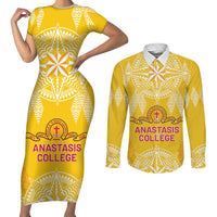 Personalised Anastasis College Couples Matching Short Sleeve Bodycon Dress and Long Sleeve Button Shirt Tonga Ngatu Pattern LT05 Yellow - Polynesian Pride