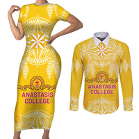 Personalised Anastasis College Couples Matching Short Sleeve Bodycon Dress and Long Sleeve Button Shirt Tonga Ngatu Pattern - Polynesian Pride