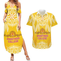 Personalised Anastasis College Couples Matching Summer Maxi Dress and Hawaiian Shirt Tonga Ngatu Pattern LT05 Yellow - Polynesian Pride