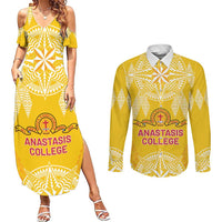 Personalised Anastasis College Couples Matching Summer Maxi Dress and Long Sleeve Button Shirt Tonga Ngatu Pattern LT05 Yellow - Polynesian Pride