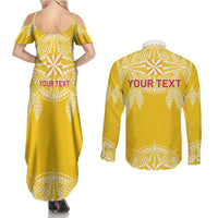 Personalised Anastasis College Couples Matching Summer Maxi Dress and Long Sleeve Button Shirt Tonga Ngatu Pattern LT05 - Polynesian Pride