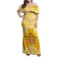 Personalised Anastasis College Family Matching Off Shoulder Maxi Dress and Hawaiian Shirt Tonga Ngatu Pattern LT05 Mom's Dress Yellow - Polynesian Pride