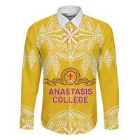Personalised Anastasis College Family Matching Tank Maxi Dress and Hawaiian Shirt Tonga Ngatu Pattern LT05 Dad's Shirt - Long Sleeve Yellow - Polynesian Pride