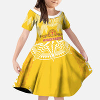 Personalised Anastasis College Kid Short Sleeve Dress Tonga Ngatu Pattern LT05 KID Yellow - Polynesian Pride