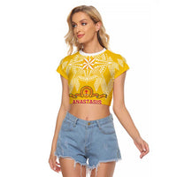 Personalised Anastasis College Raglan Cropped T Shirt Tonga Ngatu Pattern LT05 Female Yellow - Polynesian Pride