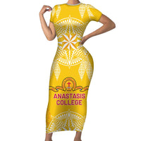 Personalised Anastasis College Short Sleeve Bodycon Dress Tonga Ngatu Pattern LT05 Long Dress Yellow - Polynesian Pride