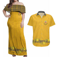 Tonga Anastasis College Couples Matching Off Shoulder Maxi Dress and Hawaiian Shirt Tongan Ngatu Kupesi Pattern LT05 Yellow - Polynesian Pride