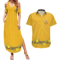 Tonga Anastasis College Couples Matching Summer Maxi Dress and Hawaiian Shirt Tongan Ngatu Kupesi Pattern LT05 Yellow - Polynesian Pride