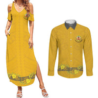 Tonga Anastasis College Couples Matching Summer Maxi Dress and Long Sleeve Button Shirt Tongan Ngatu Kupesi Pattern LT05 Yellow - Polynesian Pride